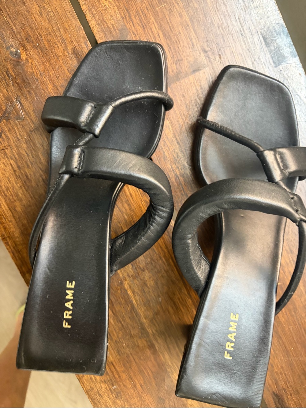 Frame Denim Black Leather Square-Toe Slide Sandals